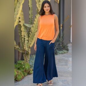 XCVI FLORENTINE MOCK-DENIM WIDE-LEG PANT,DARK BLUE